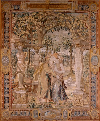 佛兰德挂毯系列 Vertumnus 和 Pomona。Vertumnus亲吻 Pomona。系列挂毯中的第七幅。Pieter Coecke van Aelst 的模型圈。布鲁塞尔 Wilhelm Pannemaker 制造。约 1545-1550 年。织物 金、银、丝和羊毛。尺寸 430 x 365 厘米。 作者 彼得·科克·范·阿斯特（Coecke van Aelst）