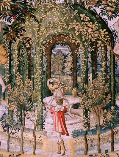 佛兰德挂毯。系列 Vertumnus 和 Pomona；Vertumnus 变身园丁（Vertumno transformado en jardinero）。该系列的第五块挂毯。Pieter Coecke Van Aelst 和 Léonard Thiry 的模型圈。制作地点 布鲁塞尔，未知工作室，制作前 作者 彼得·科克·范·阿斯特（Coecke van Aelst）