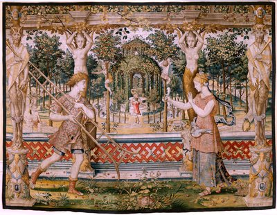 佛兰德挂毯。系列 Vertumnus 和 Pomona；Vertumnus 变身园丁（Vertumno transformado en jardinero）。该系列的第五块挂毯。Pieter Coecke Van Aelst 和 Léonard Thiry 的模型圈。制作地点 布鲁塞尔，未知工作室，制作前 作者 彼得·科克·范·阿斯特（Coecke van Aelst）