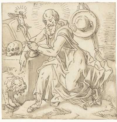 圣杰罗姆坐在十字架、书籍和头骨旁 作者 Pieter Aertsen (车间)