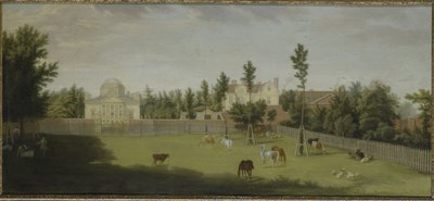 从伯灵顿巷对面看新别墅、老房子和马厩，奇斯威克别墅（布面油画）。 作者 彼得·安德里亚斯·雷斯布雷克