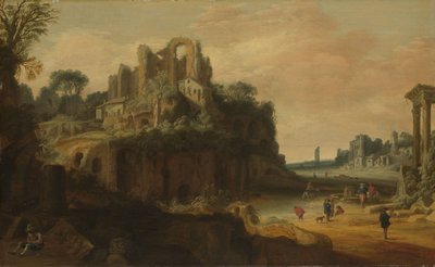 带遗址的罗马风景，约 1629 年（油画板） 作者 彼得·安东尼·范格罗内韦根