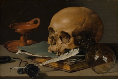 静物与头骨和写作鹅毛笔，1628年。 作者 彼得·克拉斯