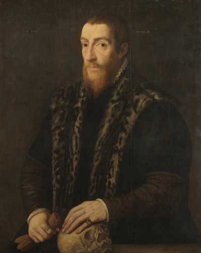 1550年，一个有骷髅的男人的肖像 作者 彼得·科克·范·阿尔斯特