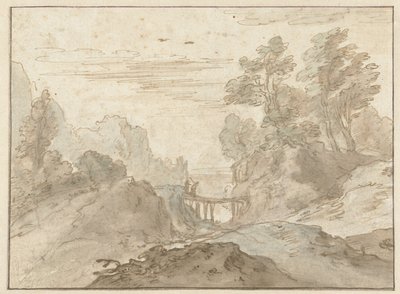 山景与窄桥上的两个人物 作者 Pieter Dircksz van Santvoort（可能）