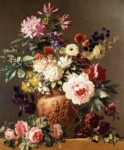 夏花静物。玫瑰、牡丹、葵花、鸢尾。Georgius Jacobus Johannes Os（1782-1861 年）的画作，私人收藏。 作者 彼得·杰拉德斯·范·奥斯