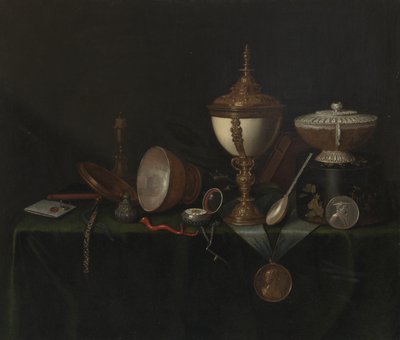 静物与鸵鸟蛋杯和惠特菲尔德传家宝，c.1670（布面油画） 作者 彼得·格里兹（Pieter Gerritsz）。范·罗斯特兰