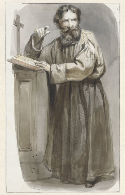 站在讲台上的牧师，手持十字架和圣经 作者 Pieter Marinus van de Laar（归属于）