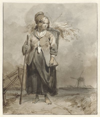 背着棍子和篮子的站立妇女 作者 Pieter Marinus van de Laar（归属于）