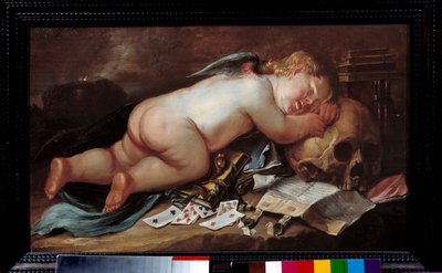 睡在死神头上的爱情Pieter Moninckx（1606 - 1686）的油画（Vanite） Ec.弗拉姆 作者 彼得莫宁克斯