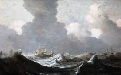 四个船只在大风前奔跑，1630年 作者 彼得·穆利尔