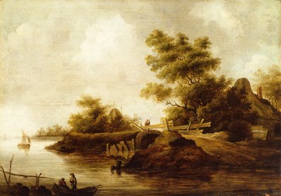 河上风景与船上人物和桥上旅行者（油画板） 作者 彼得·诺尔普