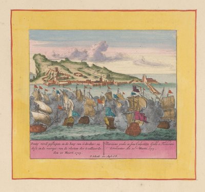 直布罗陀海战，1705 年
1705 年 3 月 20 日，庞蒂在直布罗陀海域（sie dese in de voorige）被盟军舰队击败（标题见实物）
战争场面，从国王查理二世开始。直到查理二世 作者 荷兰和西弗里斯兰州