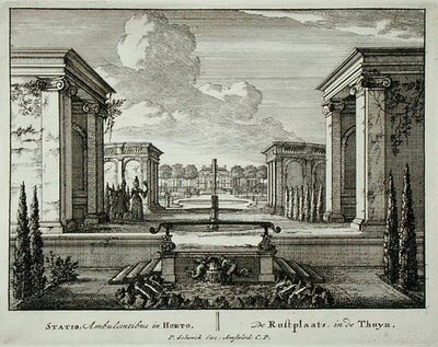 花园里的休息处，出自《Admirandorum Quadruplex Spectaculum》，作者是Jan van Call（1656-1703），1715年前出版（雕刻）。 作者 彼得·申克