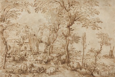 农舍附近的农民和牛，c.1553-54（笔和纸上的棕色墨水） 作者 彼得·布鲁格（Pieter Bruegel）