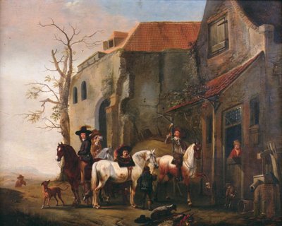 在旅馆门口的骑手和马 作者 Pieter Wouwermans或Wouwerman