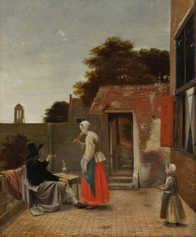 1658-60年，一个男人抽烟和一个女人在院子里喝酒 作者 彼得·霍克（Pieter de Hooch）