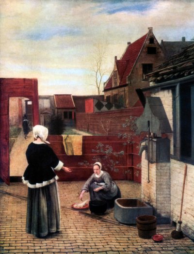 一个女人和她的女佣在院子里，大约1166年至1661年， 作者 彼得·霍克（Pieter de Hooch）