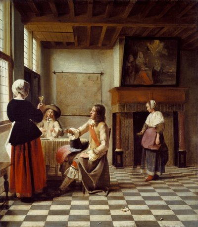 内部，一个女人和两个男人一起喝酒，一个女仆 作者 彼得·霍克（Pieter de Hooch）