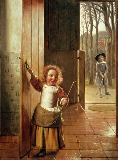 带有&39;高尔夫球棒&39;的门口的孩子，c.1658-60 作者 彼得·霍克（Pieter de Hooch）