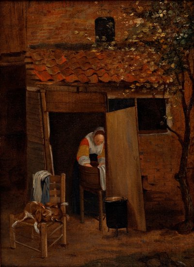 兹沃勒庭院中洗衣的女孩，1653 年以后（布面油画） 作者 彼得·霍克（Pieter de Hooch）