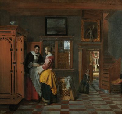 内部与妇女在亚麻碗柜旁边，1663年 作者 彼得·霍克（Pieter de Hooch）