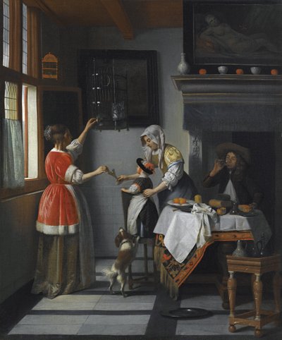 内政部与一个孩子喂鹦鹉par Hooch，彼得，德 作者 彼得·霍克（Pieter de Hooch）