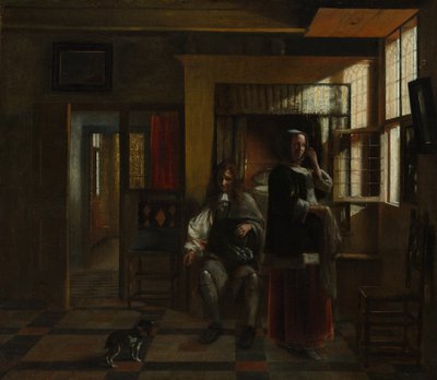 与一对年轻夫妇的内部，可能大约。 1662-65。 作者 彼得·霍克（Pieter de Hooch）