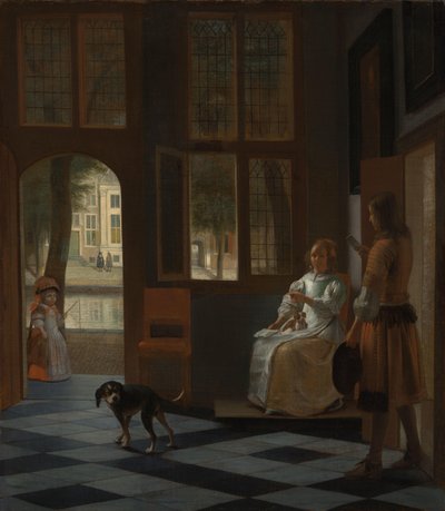 男子在房屋入口大厅将一封信交给一名女子 作者 彼得·霍克（Pieter de Hooch）