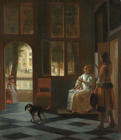 男人在1670年的房子的入口大厅里给一个女人的一封信 作者 彼得·霍克（Pieter de Hooch）