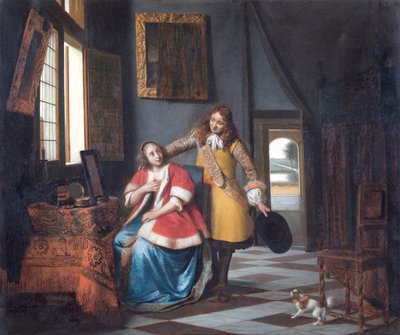 入侵者：一位女士在厕所里，被她的情人惊讶了 作者 彼得·霍克（Pieter de Hooch）