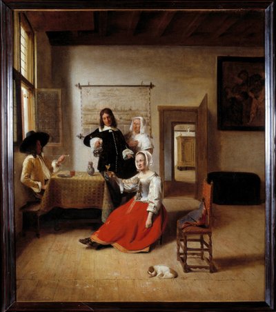 饮酒者 佛兰芒家庭中的一位酗酒妇女，周围环绕着其他饮酒者。 Pieter de Hooch (1629-1684) 1658 年作画。 0,69x0,6 m - 与士兵一起喝酒的女人。 佛兰芒房子的内部。 Pieter de Hooch (1629-1684) 的绘画 作者 彼得·霍克（Pieter de Hooch）