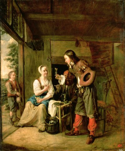 战士与仆人，1653年 作者 彼得·霍克（Pieter de Hooch）