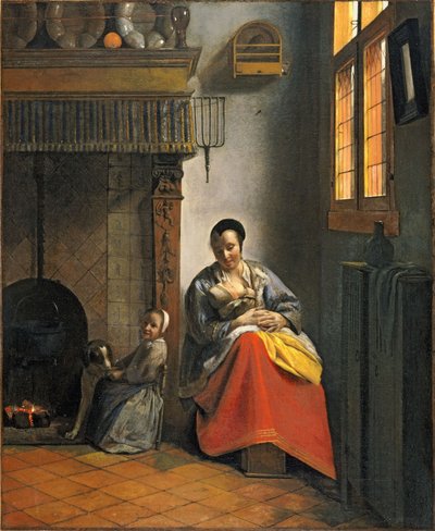 哺育婴儿的妇女，带着一个孩子和一只狗 作者 彼得·霍克（Pieter de Hooch）