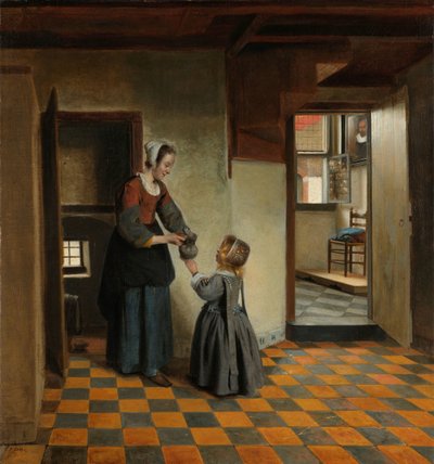 食品储藏室里带着孩子的女人 作者 彼得·霍克（Pieter de Hooch）
