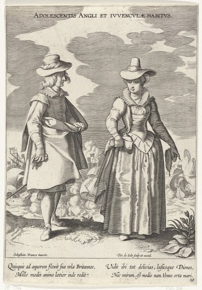 按照英国时尚打扮的情侣，约 1610 年
Adolescentis Angli et Ivvenclvae Habitvs（物品上的标题）
各国服饰（系列名称）
Variarum Gentium Ornatus（系列标题） 作者 彼得·德·乔德 (I)