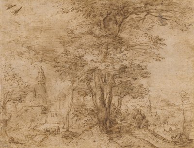 大约有树木和a子的村庄，约1552-54年 作者 彼得·布鲁格（Pieter Bruegel）