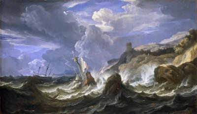 岩石海岸线附近暴风雨中的沉船。布面油画，17 世纪中叶，作者年轻的彼得-穆利尔二世（或彼得-穆利尔布斯或彼得-卡瓦列雷-坦佩斯塔）（1637-1701 年）。 作者 小彼得 (1637-1701) 穆勒