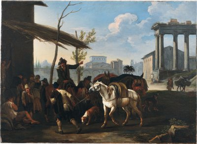 客栈外的农民，客栈外的城镇和古代遗迹 作者 彼得·范·布洛门（Pieter van Bloemen）