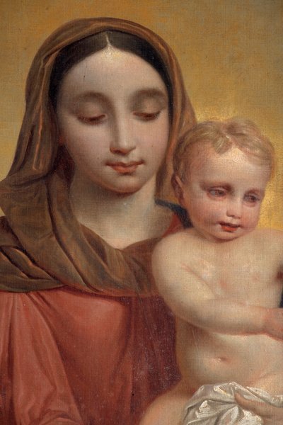 内景，P. Van Hanselaere 创作的主祭坛上的祭坛画 "圣母与拿着玫瑰经的孩子"（Our Lady with Child with Rosary）。 作者 彼得·汉斯勒（Pieter van Hanselaere）