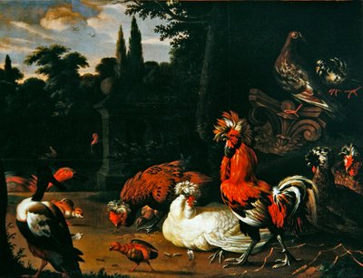 花园里的公鸡、鸡、小鸡和鸭子（布面油画） 作者 Pieter van Mase
