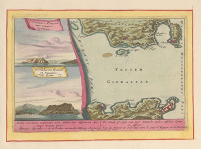 直布罗陀岩石景观和直布罗陀海峡地图
De Straat, of engte van twee Duytsche mylen, tusschen Spanje en Africa (...) （物上标题）
Theatrum Hispaniae (...) （系列标题） 作者 荷兰和西弗里斯兰州