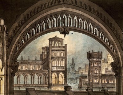 文森佐·贝里尼 (Vincenzo Bellini) 在都灵 Carignano 剧院为“La Straniera”设计的舞台布景（纸上笔墨和水彩） 作者 彼得罗·贝尔托亚（Pietro Bertoja）