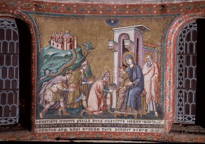 Pietro Cavallini(约1273-1330年活跃)13世纪末天顶的马赛克魔女崇拜(Adoration of the magi, mosaic from the apse by Pietro Cavallini, end of 13th century) 罗马，Trastevere的圣玛丽亚教堂 意大利 作者 彼得罗·卡瓦利尼