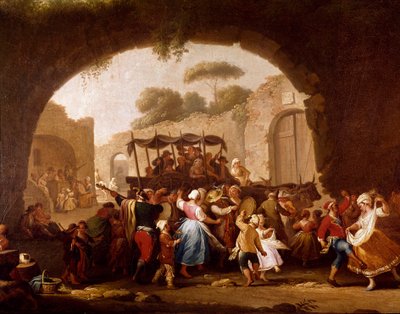 那不勒斯细节的舞蹈场景和流行派对。 塔兰泰拉舞者 (tarantella, tarantella)。 Pietro Fabris（活跃于 1763 年至 1776 年之间）的绘画，18 世纪那不勒斯，Museo Nazionale di San Martino 作者 彼得罗·法布里斯（Pietro Fabris）