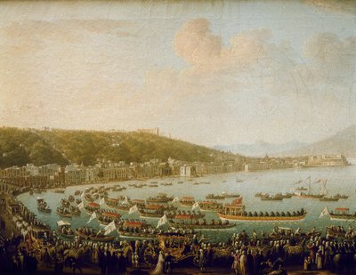 西班牙查理三世（卡洛斯三世）（1716-1788 年）离开那不勒斯湾（意大利）。皮埃特罗-法布里斯（1756-1779 年）的画作，布面油画 作者 彼得罗·法布里斯（Pietro Fabris）