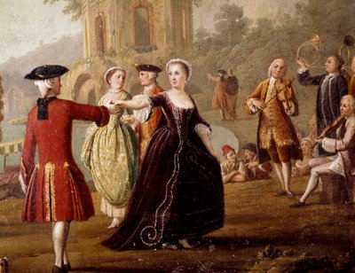 那不勒斯舞者在公园的高贵舞蹈和盛宴场景。 Pietro Fabris（活跃于 1763 年至 1776 年之间）的绘画。 18 世纪那不勒斯，圣马蒂诺国家博物馆 作者 彼得罗·法布里斯（Pietro Fabris）