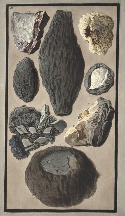 火山物质的标本，来自&39;Campi Phlegraei：对两个西西里火山的观测&39;，由威廉姆斯汉密尔顿爵士（1730-1803）发表，1776年出版（手工彩色雕刻） 作者 彼得罗·法布里斯（Pietro Fabris）