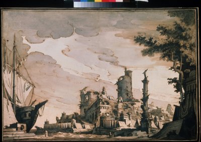 "港口风光 "剧场布景。Pietro di Gottardo Gonzaga（1751-1831 年）1818 年创作的水彩画。纸面水彩和墨水。莫斯科，普希金博物馆 作者 彼得罗·冈萨加