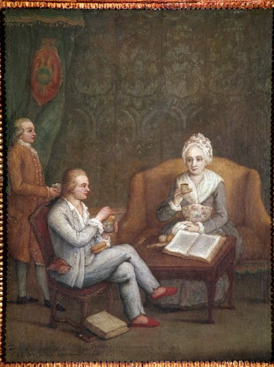 Adriana Giustinian 和她的儿子 Gerolamo Ascanio 喝热巧克力的肖像（Adriana Giustinian Barbarigo 和她的儿子 Gerolamo Ascanio 拿着一杯巧克力） Pietro Longhi（1702-1785）的画作，约 1779 年。 Dim 58x45 cm 威尼斯，Ca